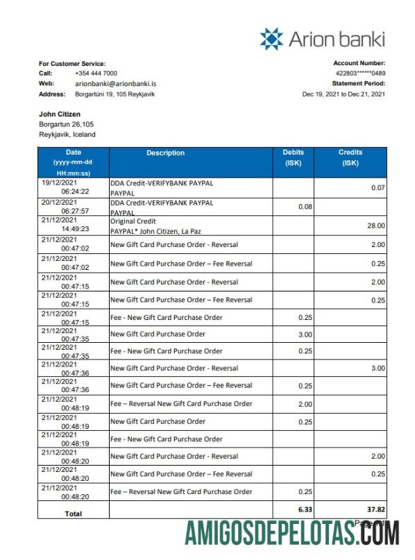 Extrato bancário de Arion da Islândia em branco, modelo fácil de preencher em formato de arquivo .xls e .pdf
